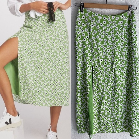 Anthropologie Maeve The Lille Side-Slit Midi Skirt Green Floral Sz 00 - Picture 1 of 6